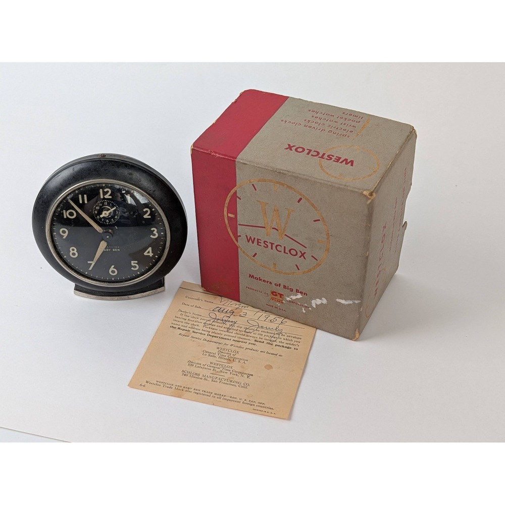 Vintage 1956 Westclox Baby Ben Alarm Clock No 331 Black Luminous Box Paperwork